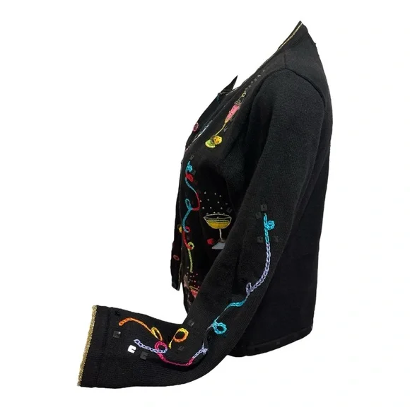 80s BERER 2 BLACK & MULTI-COLOR COCKTAILS HOUR W STREAMERS CARDIGAN SWEATER SZ S - Picture 6 of 12